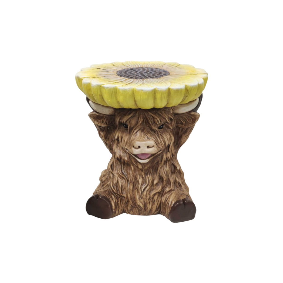 Highland Cow Stool With Sunflower Top, Animal Figurine Seat, Indoor Outdoor Decor - Apricot Brown