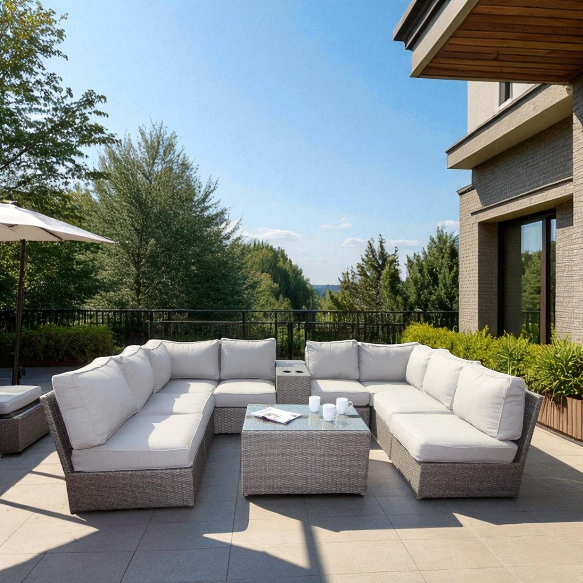 6 Seat Patio Wicker Sectional With Cushions - Gray Mix