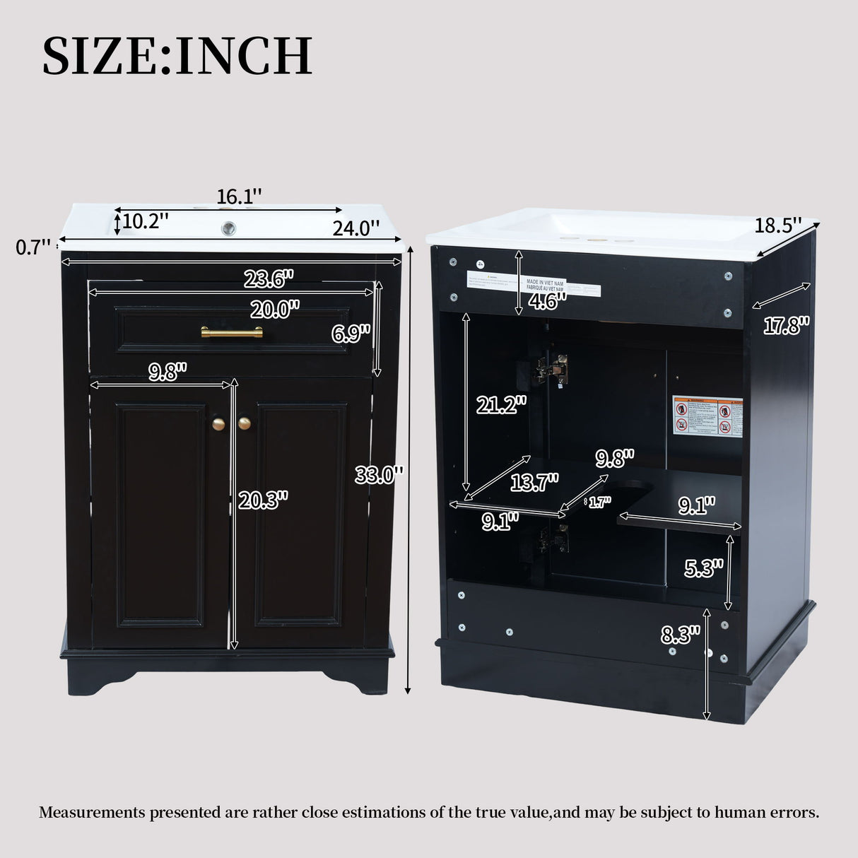 Bathroom Vanity With Integrated Sink, 2 Door Cabinet With Tip Out Drawer, Rectangular Design