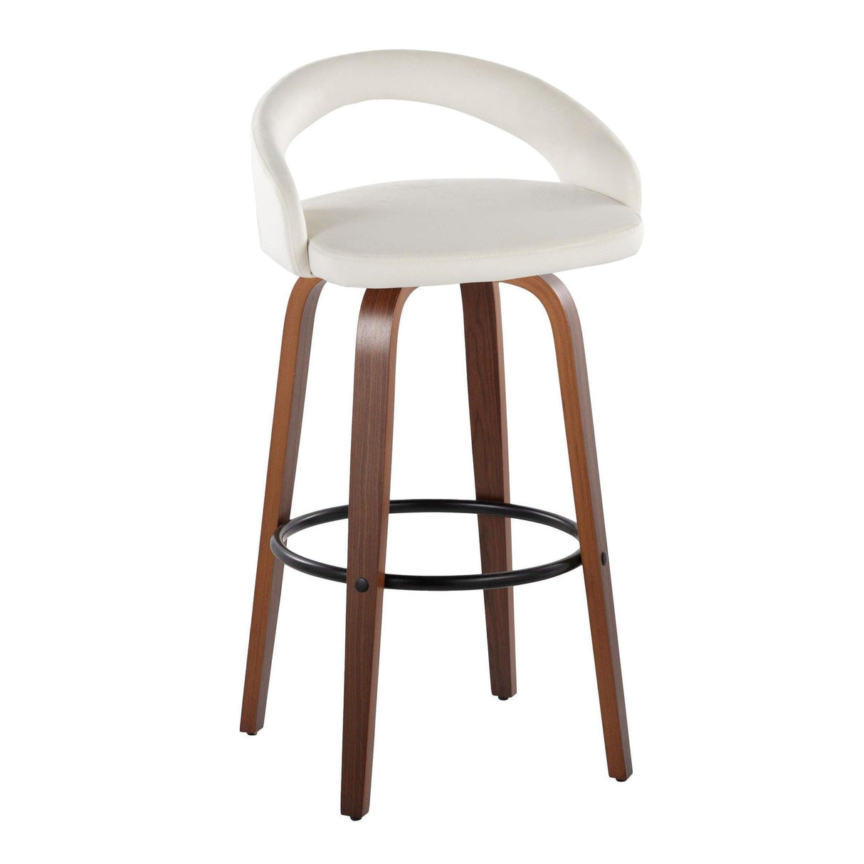 Grotto - Upholstered Fixed-Height Barstool (Set of 2) - Walnut Wood, White Velvet, Black Metal