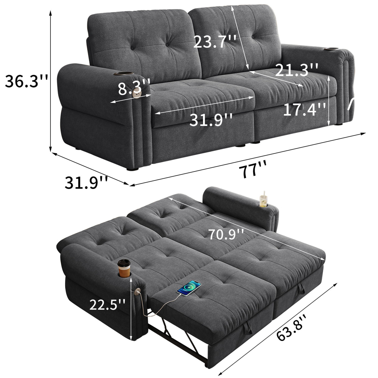 2 In 1 Convertible Sofa Bed For Living Room - Dark Gray - Fabric