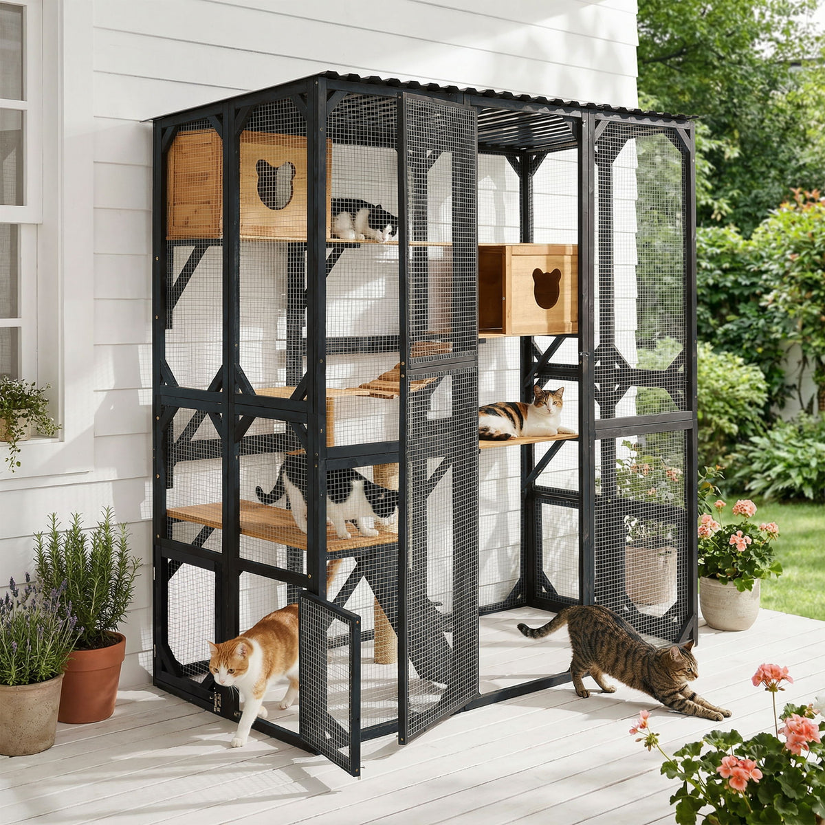 Outdoor Cat Enclosure Catio With Sleeping Houses, Jumping Platforms, Scratching Post, Secure Doors - Black / Brown