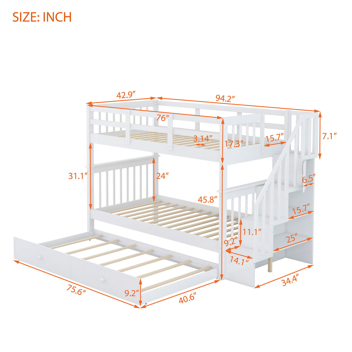 Stairway Bunk Bed & Storage And Guard Rail For Bedroom
