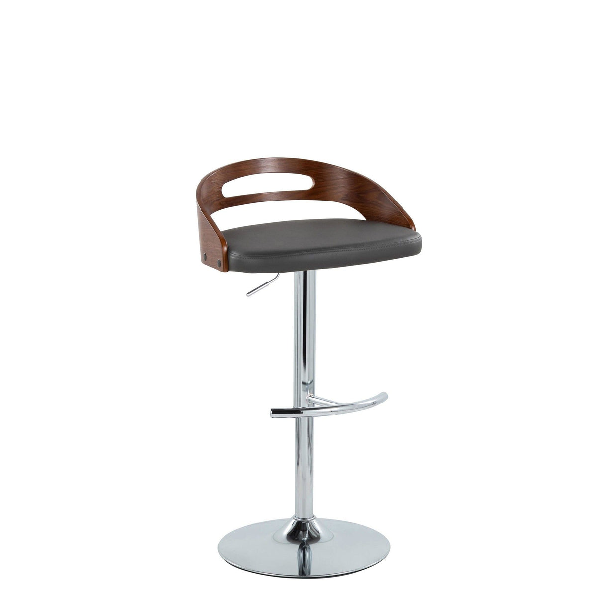 Cassis - Contemporary Adjustable Swivel Barstool (Set of 2) - Chrome Metal, Walnut Wood And Gray Faux Leather With Round T Footrest