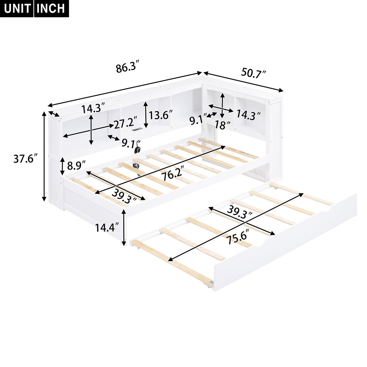 Twin Size Daybed With Trundle, Storage Cabinets, USB Ports - White