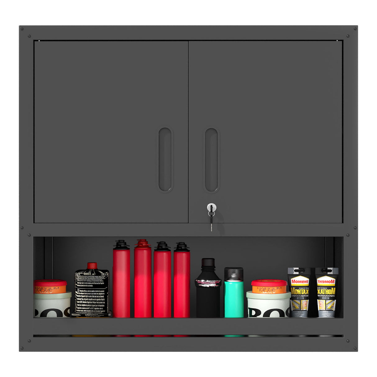 Wall-Mounted Storage Cabinet With Locking Door, 1 Shelf And Open Drawer - Black