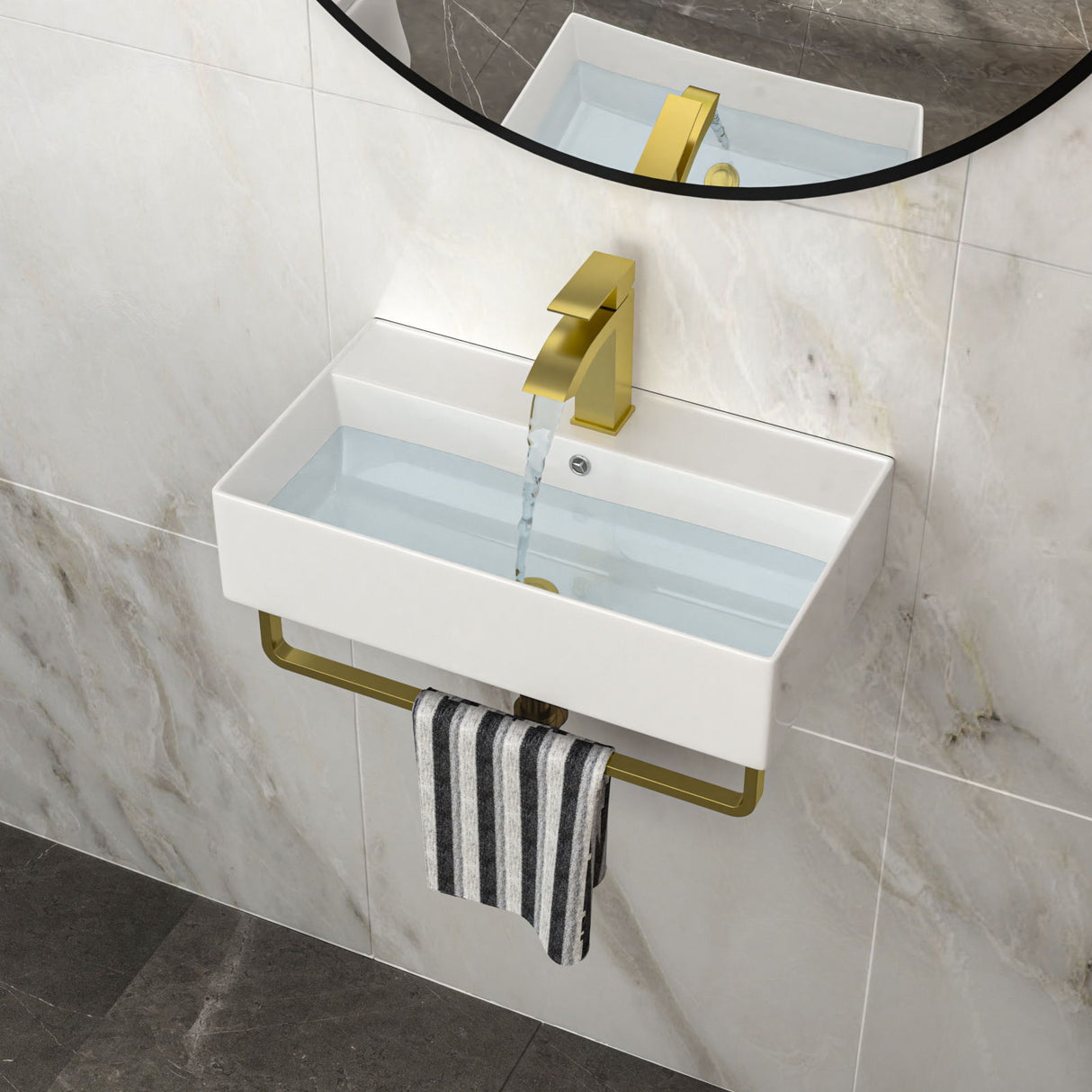 Wall Mounted Rectangular Bathroom Sink With Towel Bar