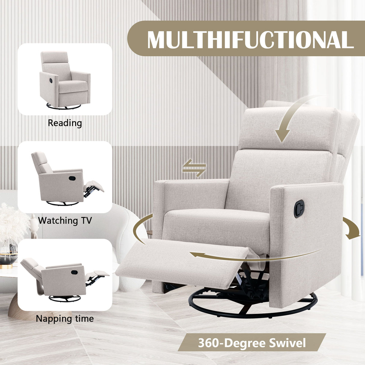 Modern Upholstered Rocker Nursery Chair Plush Seating Glider Swivel Recliner Chair
