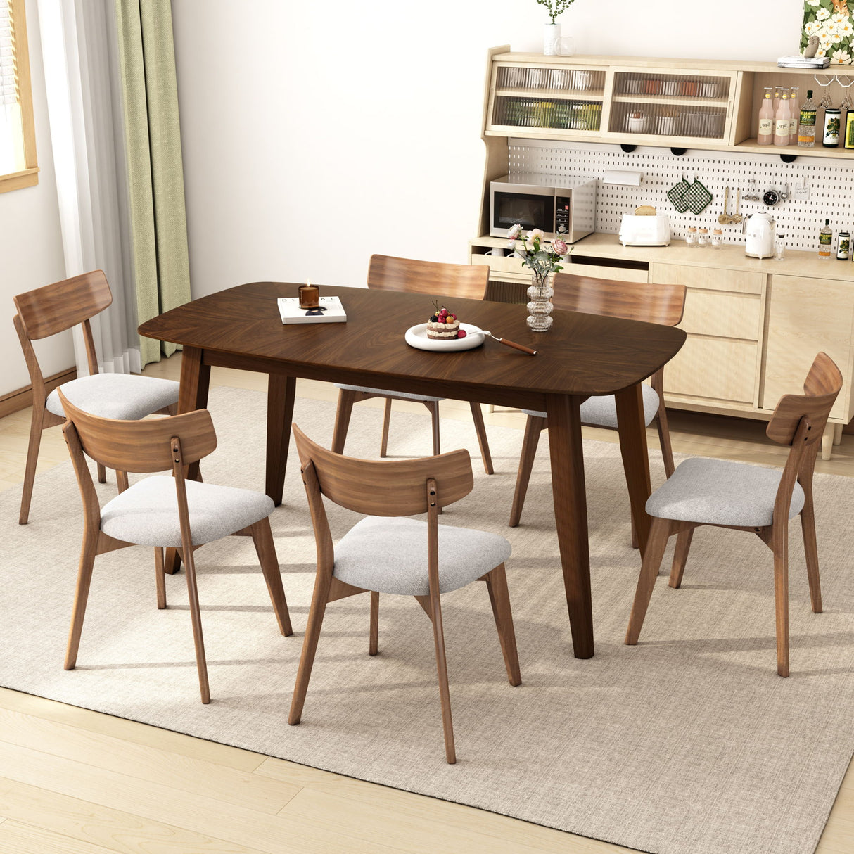 7 Piece Mid - Century Dining Set With Upholstered Dining Chairs, Dining Table