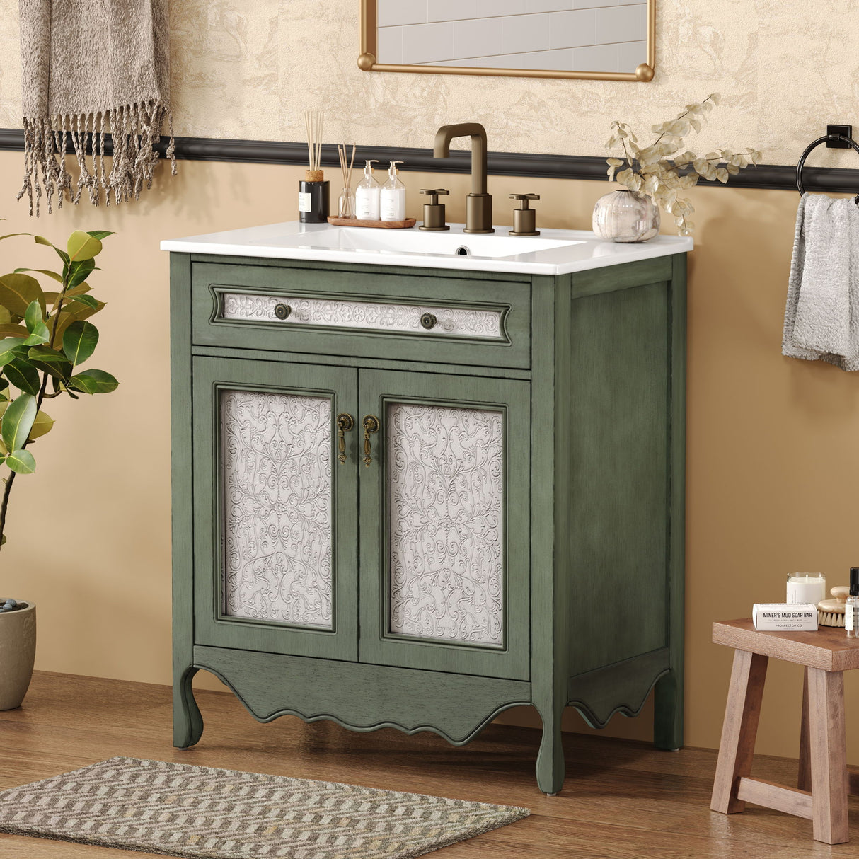 Bathroom Vanity With Rectangle Sink, Tip Out Tray - Antique Blue Green