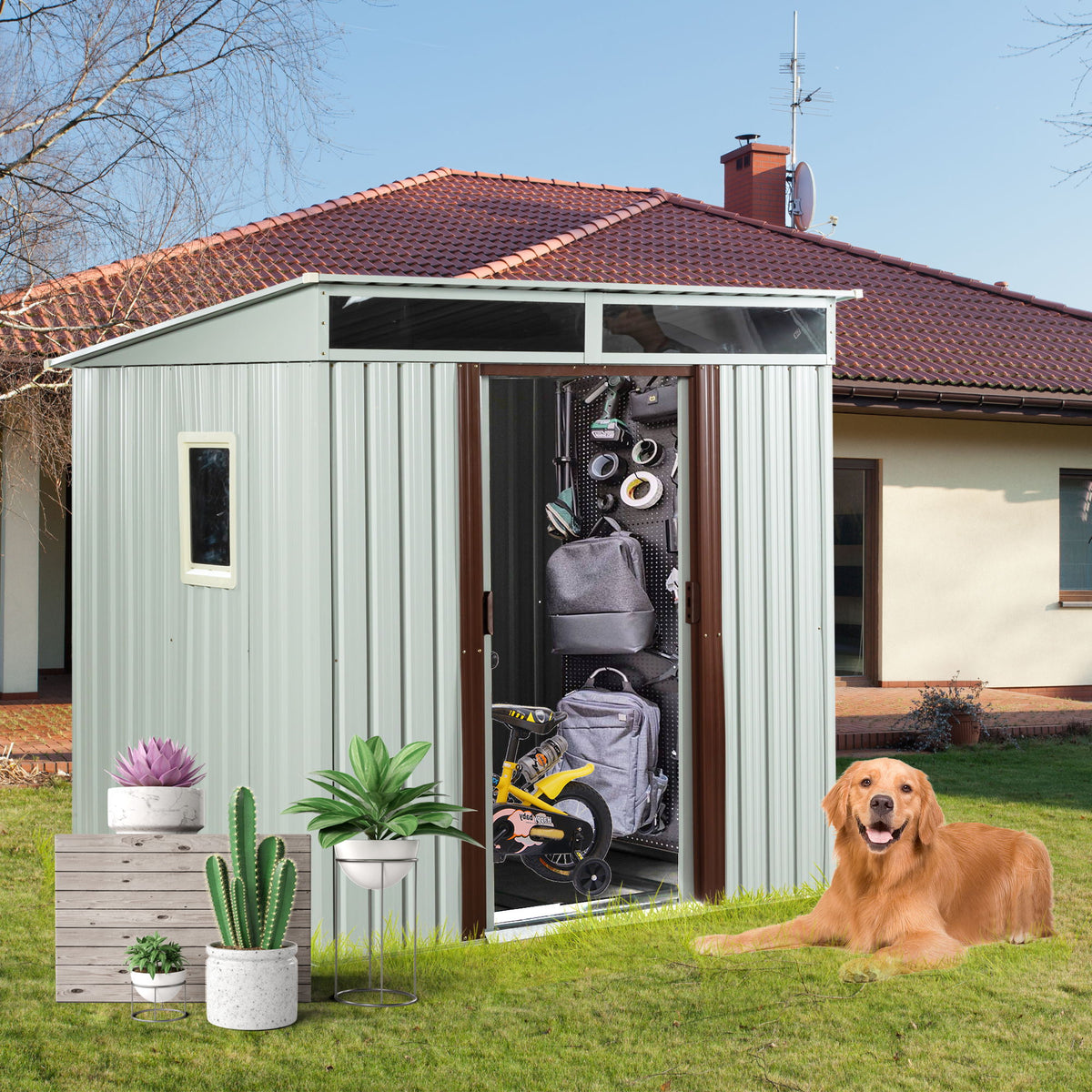 Outdoor Metal Storage Shed With Window - White