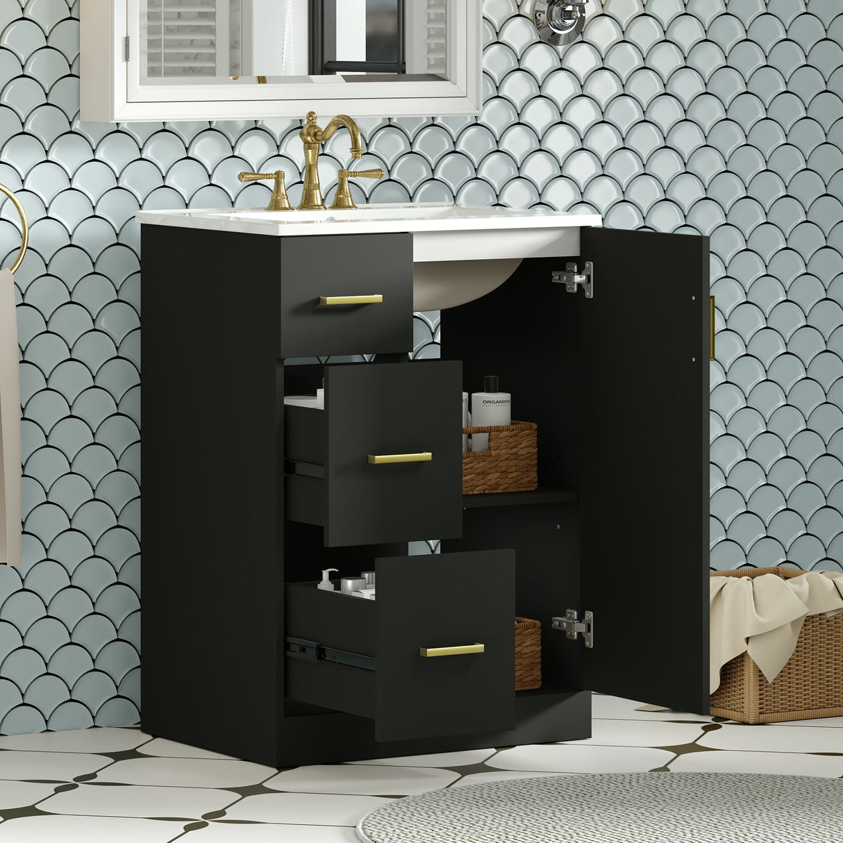 Bathroom Vanity With Sink, Compact Cabinet With 2 Drawers And Soft-Closing Door, Under-Mount Basin - Black