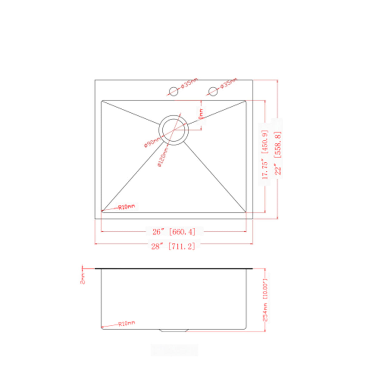 Drop In Kitchen Sink, 16 Gauge Stainless Steel, Single Bowl, Topmount Basin
