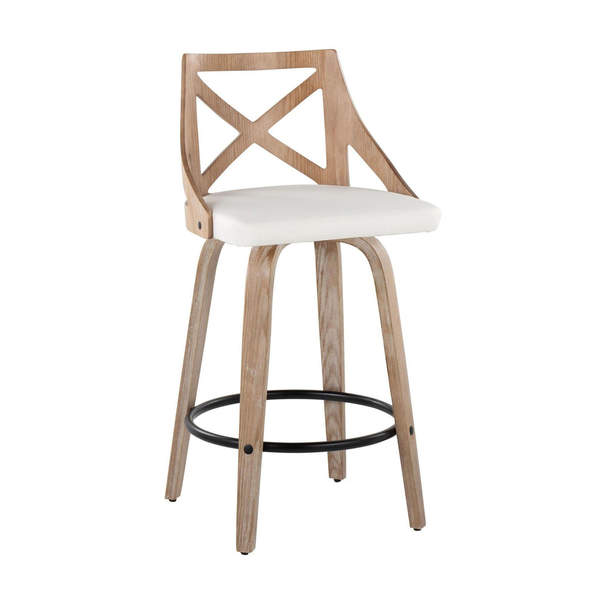 Charlotte - Farmhouse Fixed-Height Swivel Counter Stool (Set of 2) - Whitewashed Wood And White Faux Leather With Round Black Metal Footrest