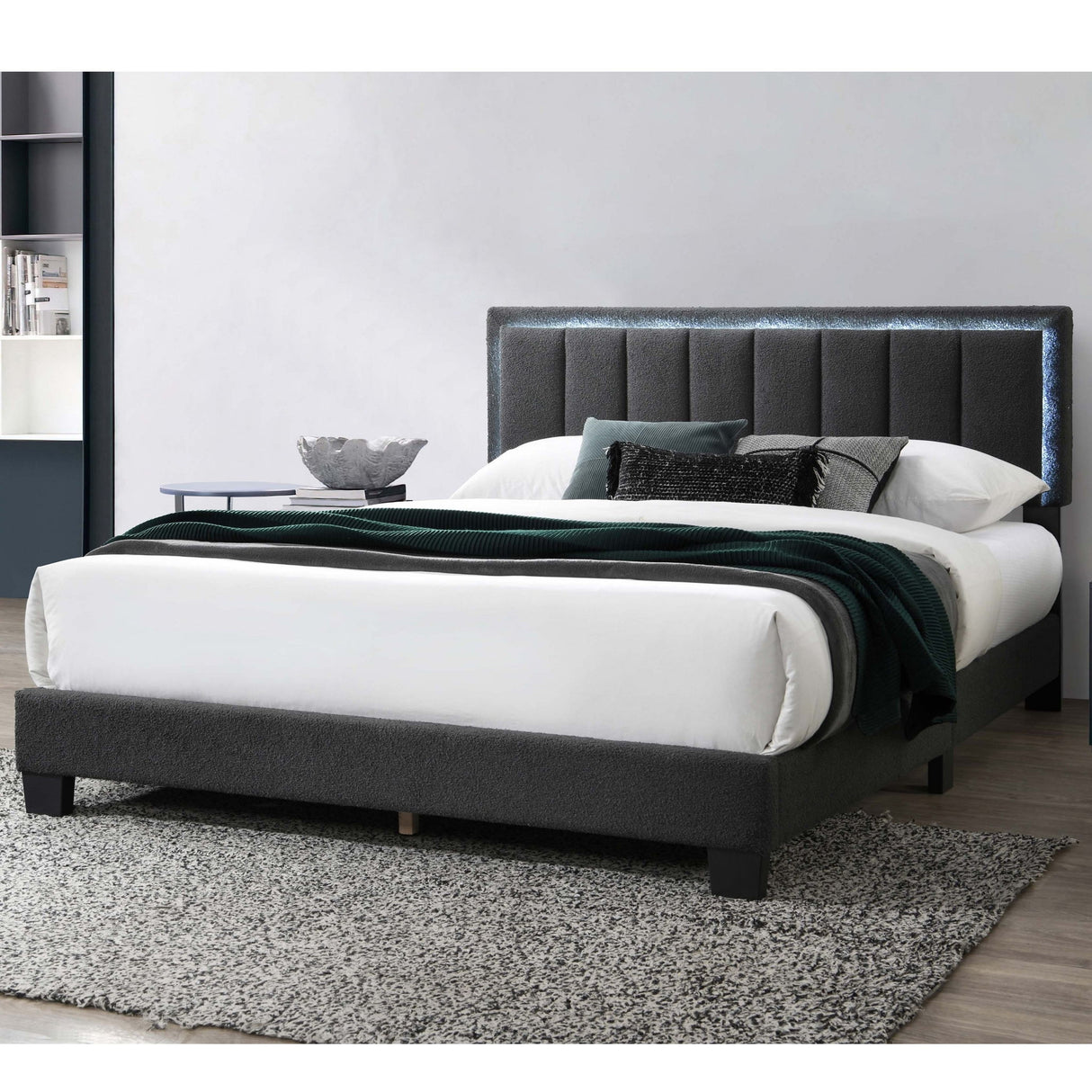 Bed With Channel Tufting And Built In LED Headboard