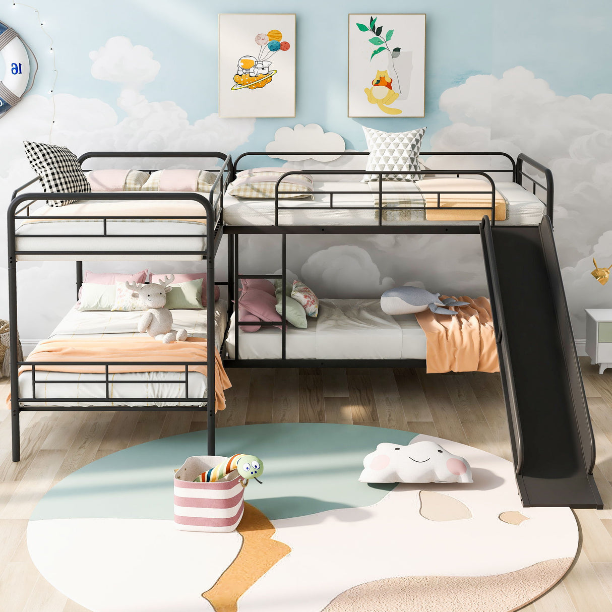 Mission Style Twin Size L-Shaped Bunk Bed With Slide And Ladder - Black