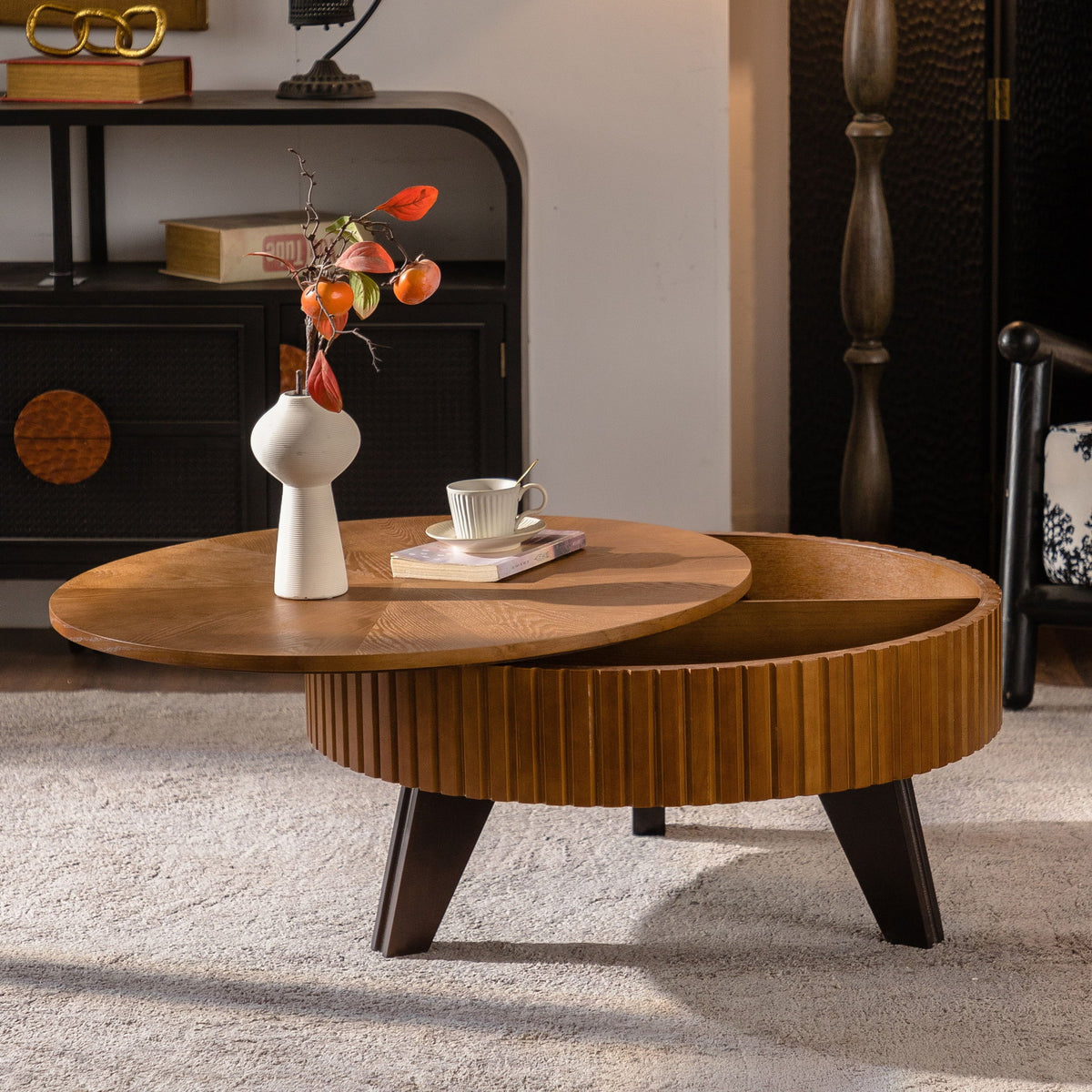 Round Retro Coffee With Solid Wood Legs