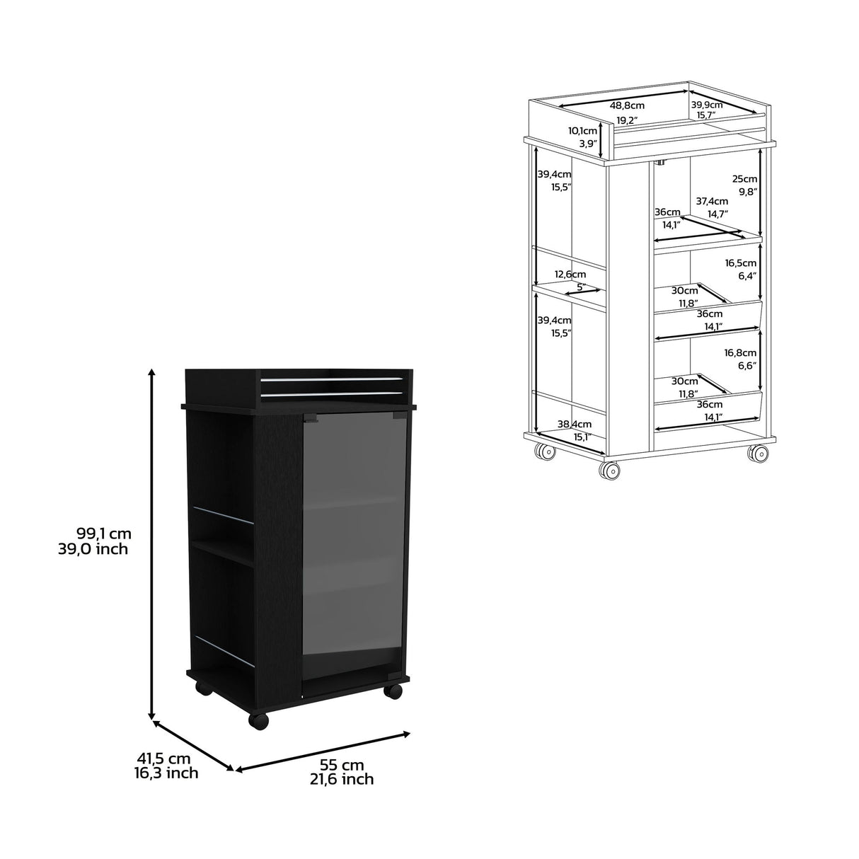 Bar Cart With Glass Door, 2 Side Shelves And Casters - Black