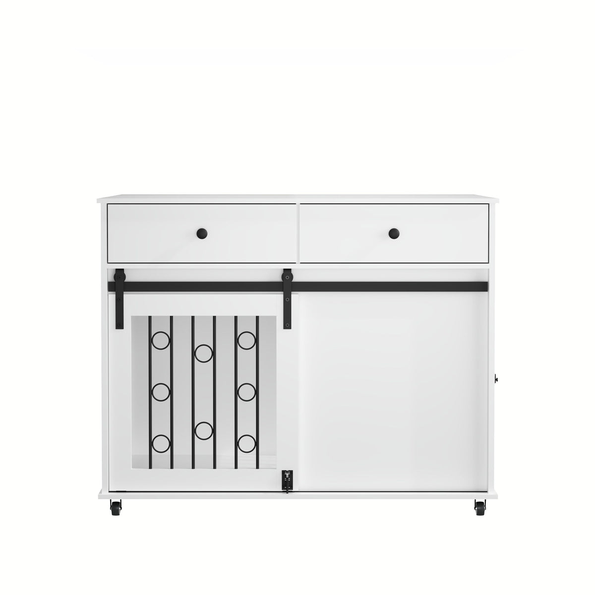 Dog Crate Furniture With Double Drawers And Sliding Barn Door, Pet Kennel For Small To Medium Dogs - White