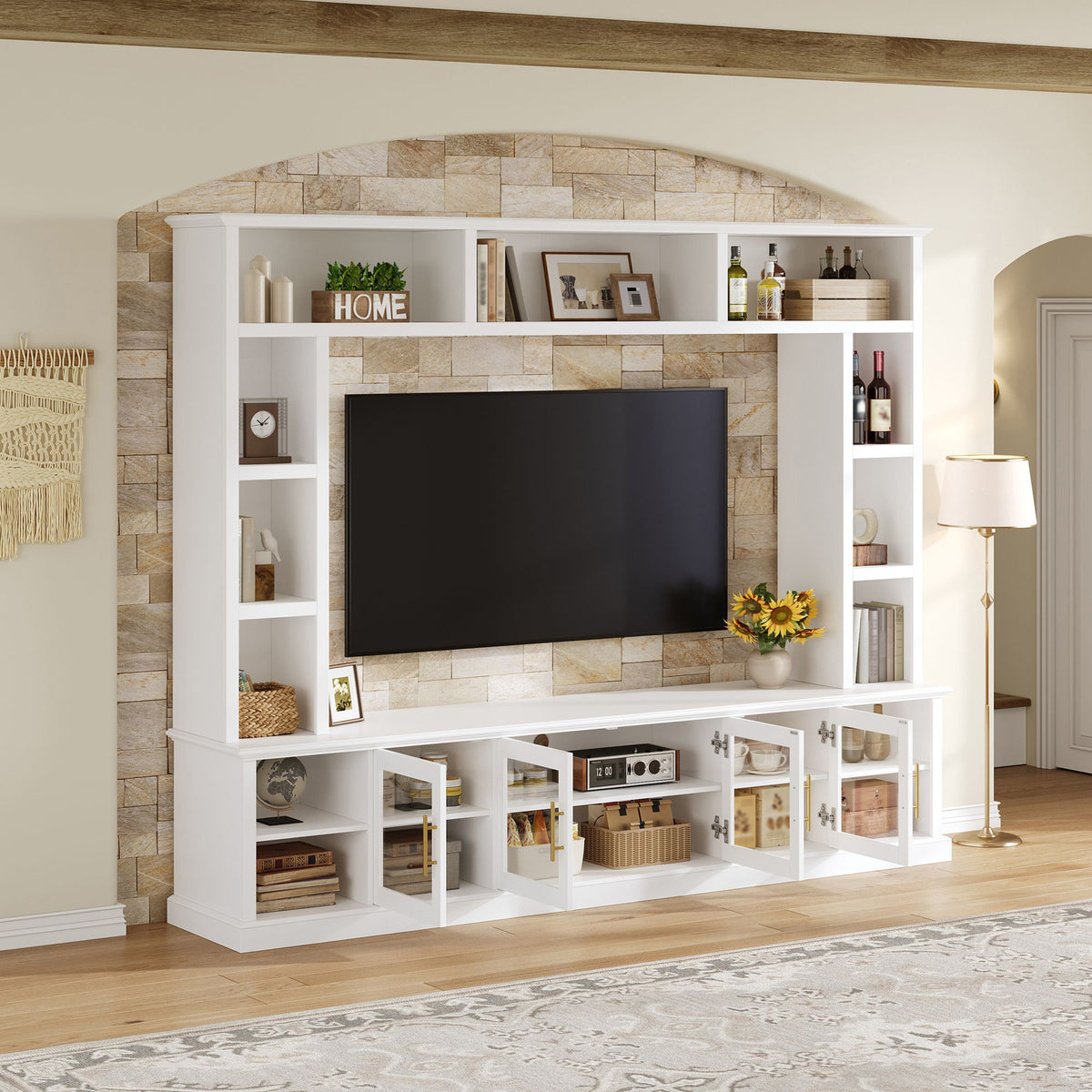Entertainment Center With Bookshelves, TV Console Unit For Living Room, Holds TVs Up To 80" - White