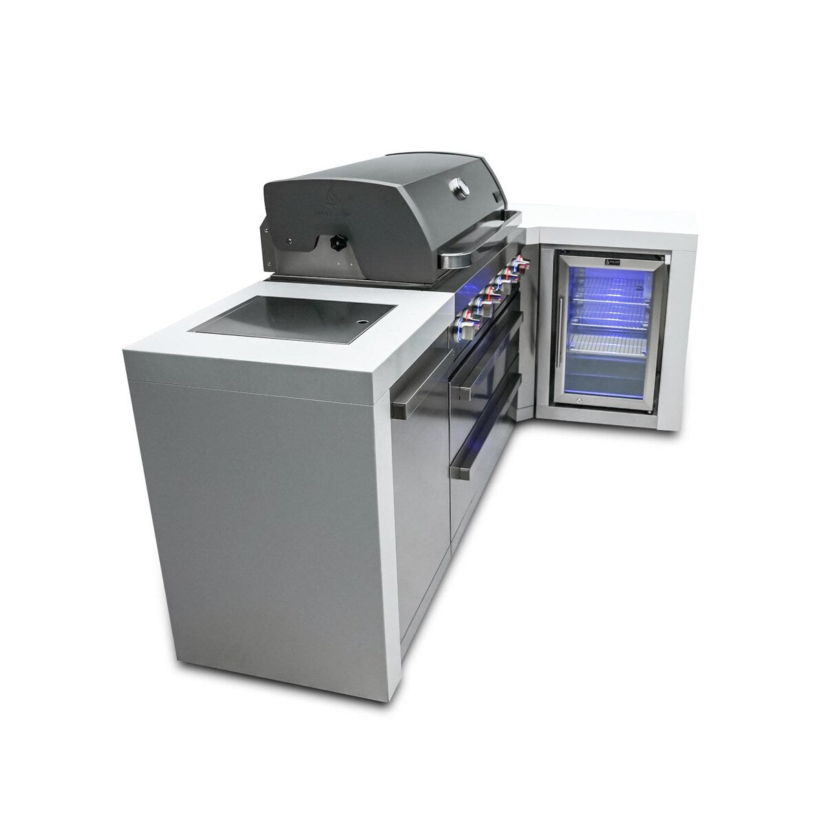 Mont Alpi Deluxe Series 8 Ft L-Shaped Natural Gas Outdoor Kitchen Island w/ Side Burner & Fridge- MAi805-D90FC