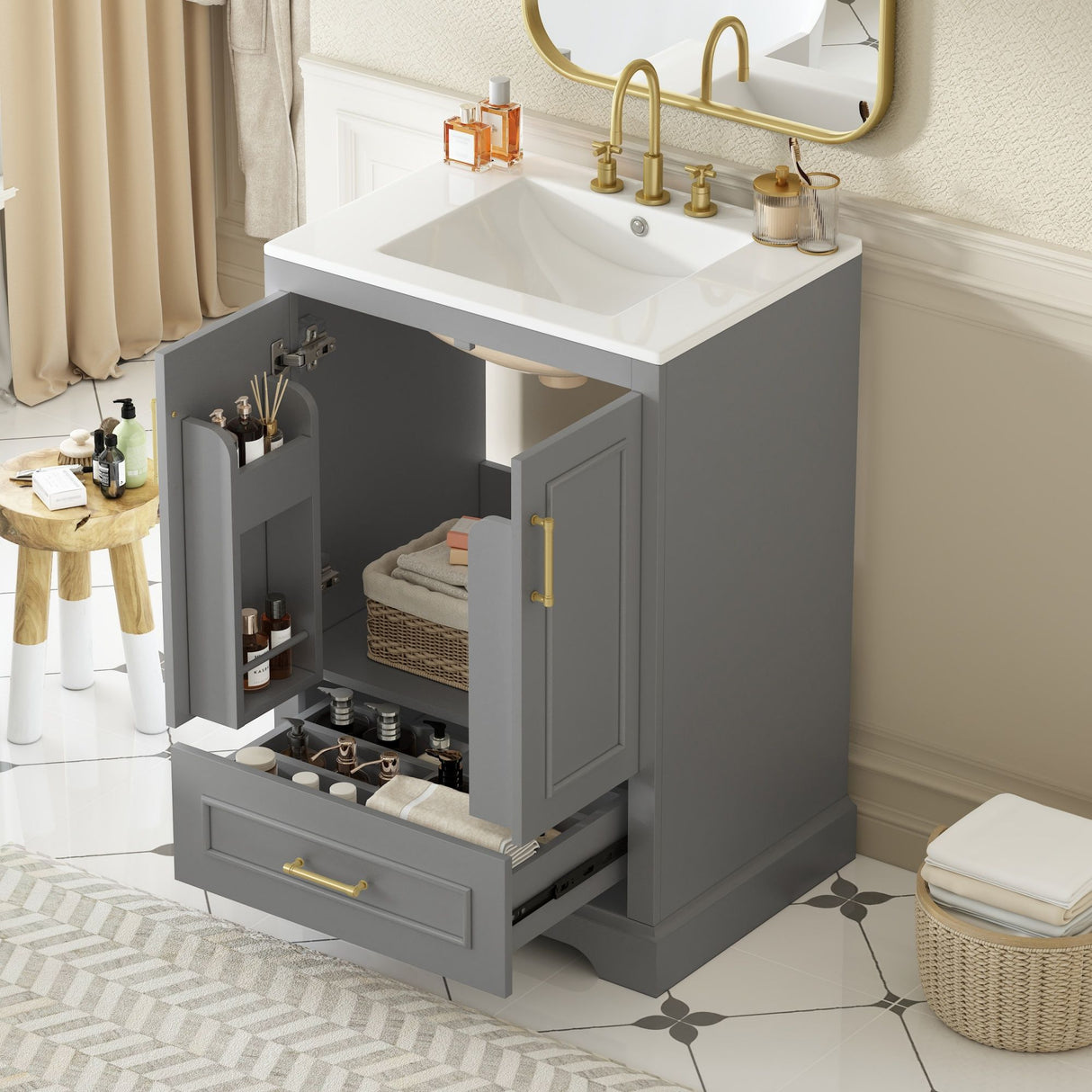 Bathroom Vanity With Sink, 1 Divided Drawer And 2 Soft Close Doors With Double Shelf