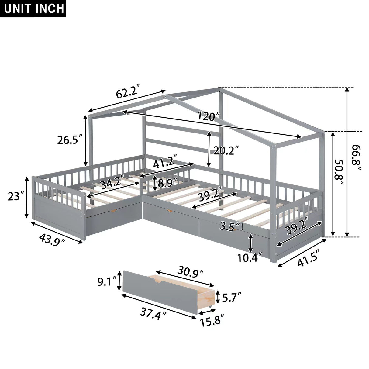 L Shape Platform Bed With 3 Storage Drawers