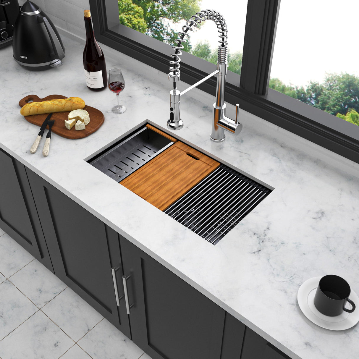 Workstation Kitchen Sink 30" X 18" X 10" Single Bowl Undermount 16 Gauge - Gunmetal Black