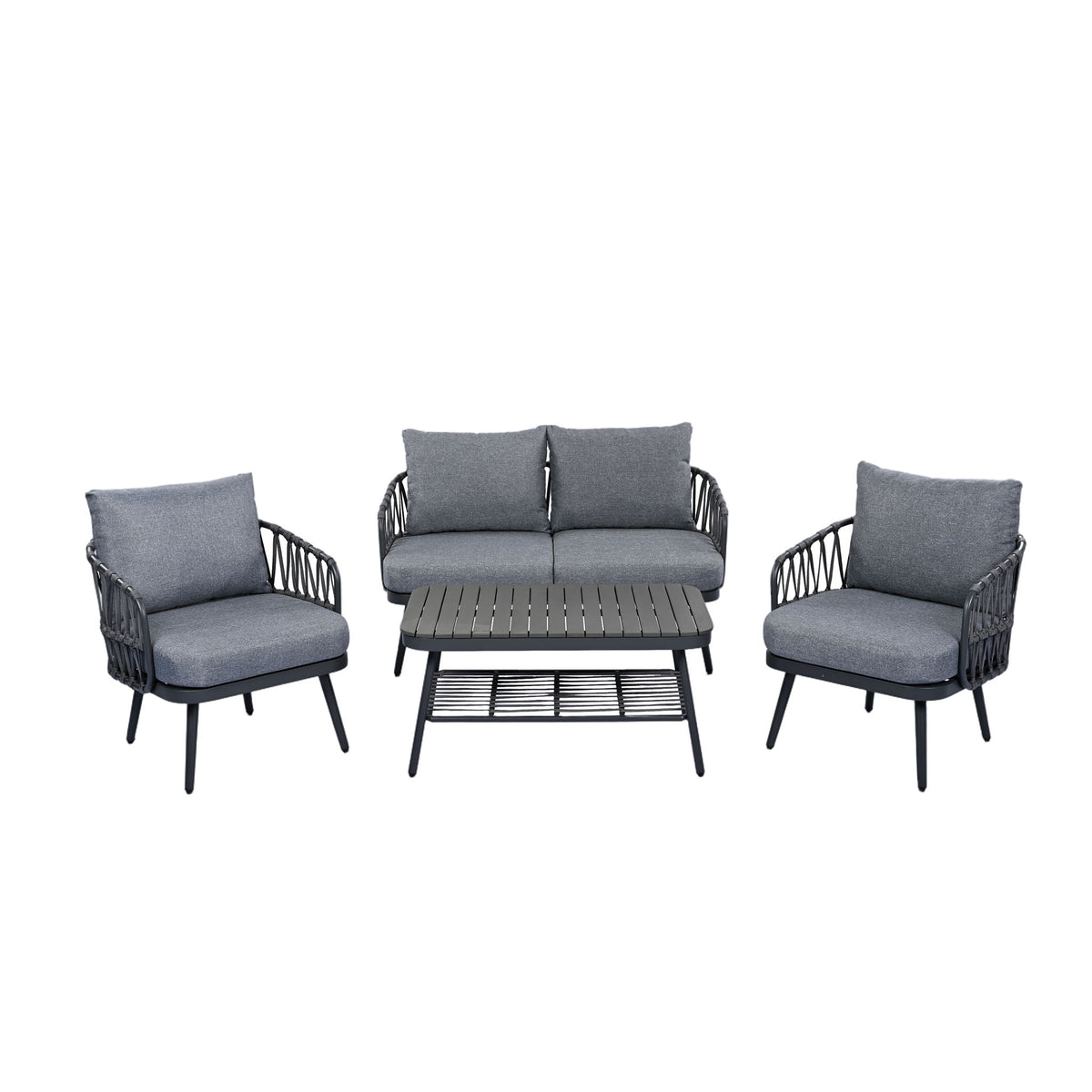 4 Piece Outdoor Patio Furniture Set, Metal Chairs With Woven Rope U Shaped Backrest