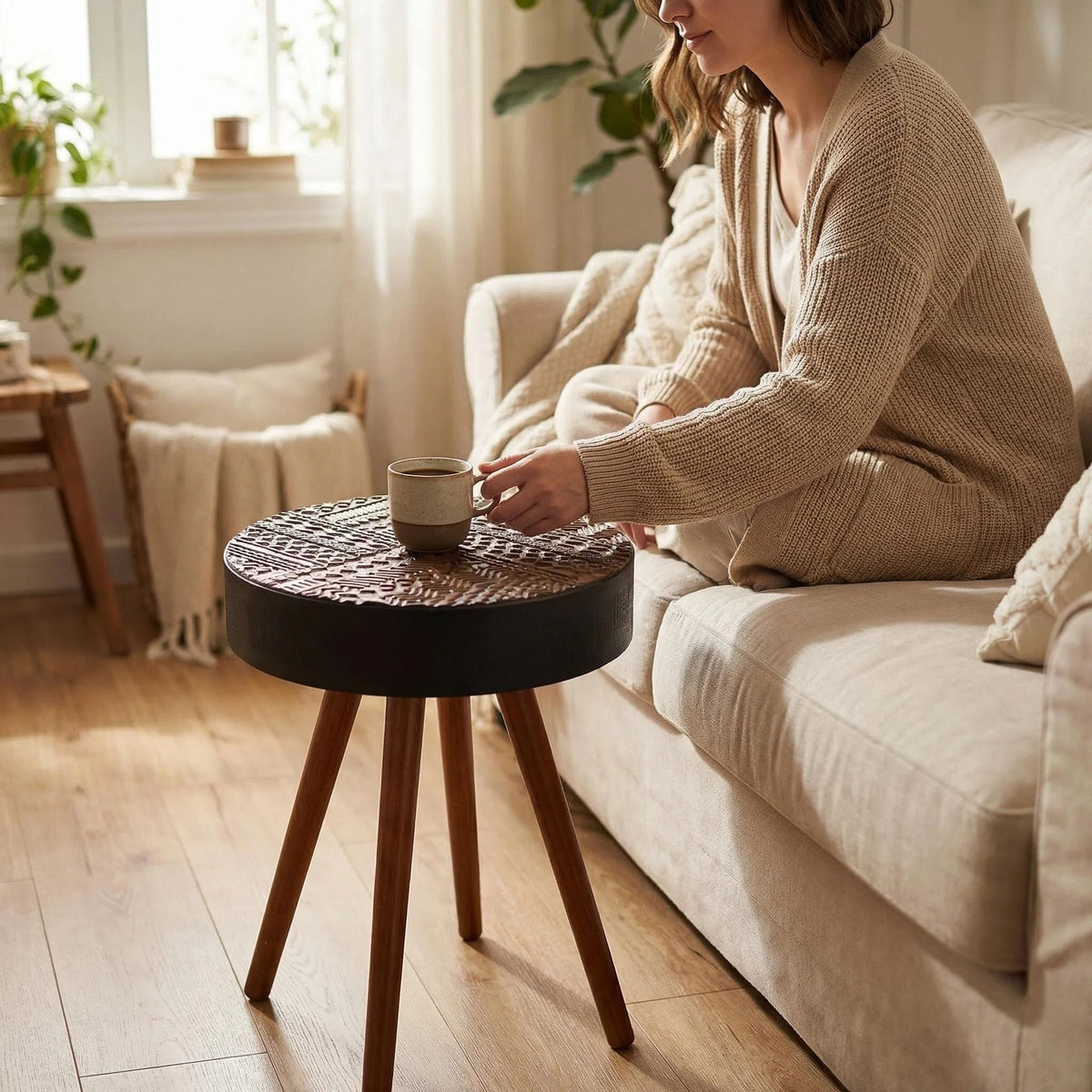 Round Coffee Table With Carved Top For Living Room