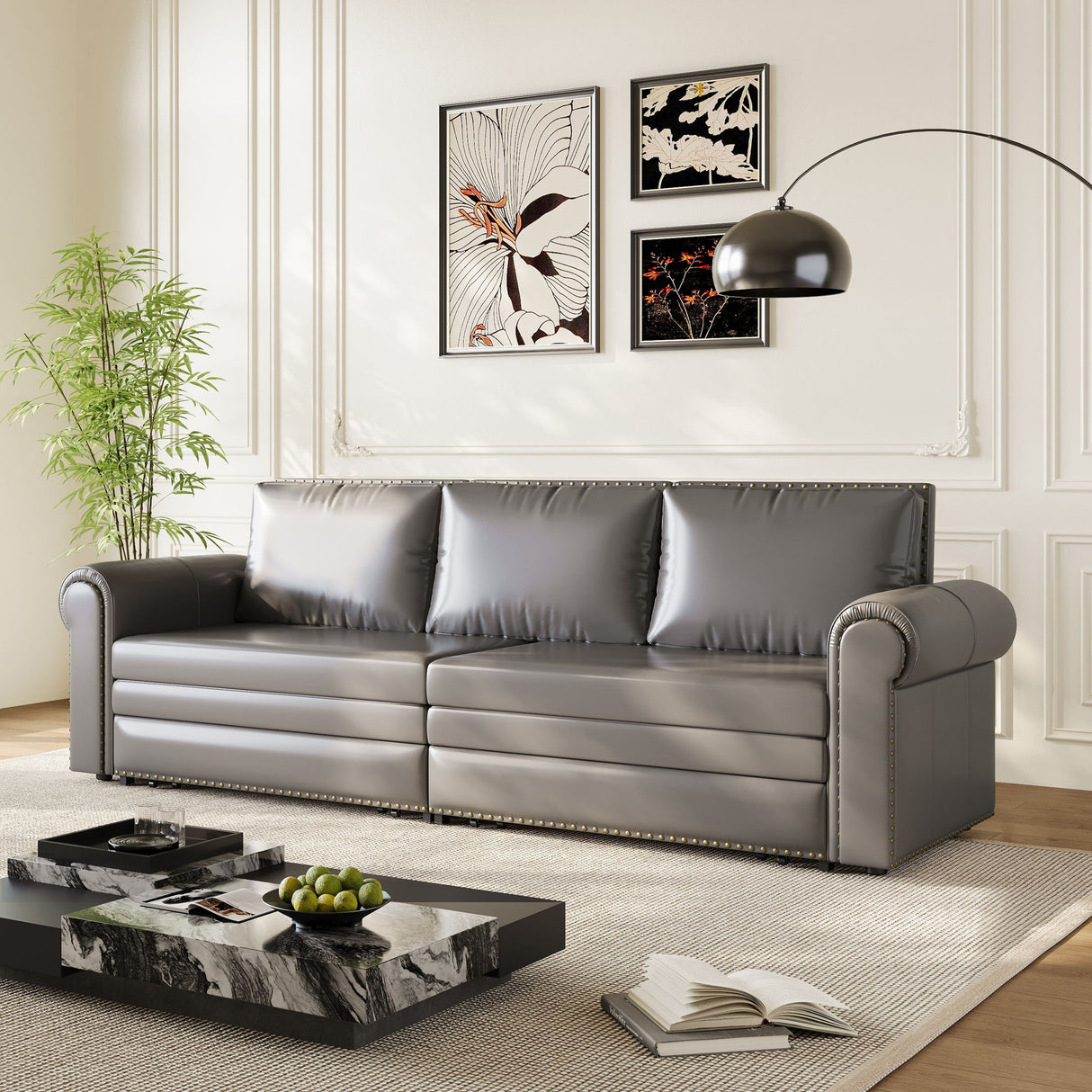 3 In 1 Convertible Sleeper Sofa With Nailhead Trim & Rolled Arm
