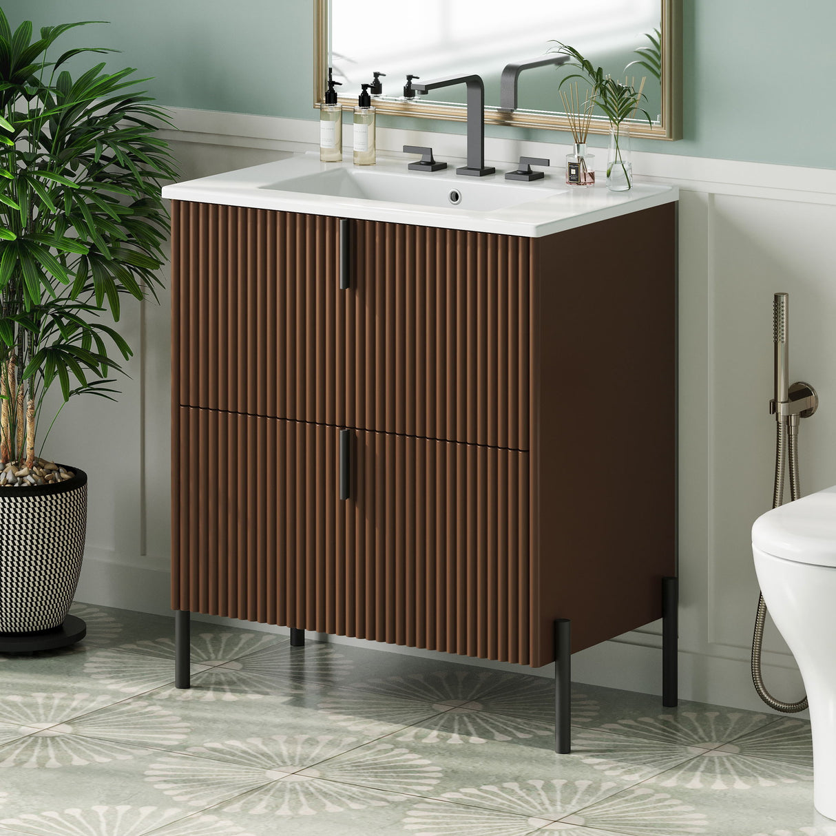 Fluted Bathroom Vanity With Ceramic Sink, Freestanding Design