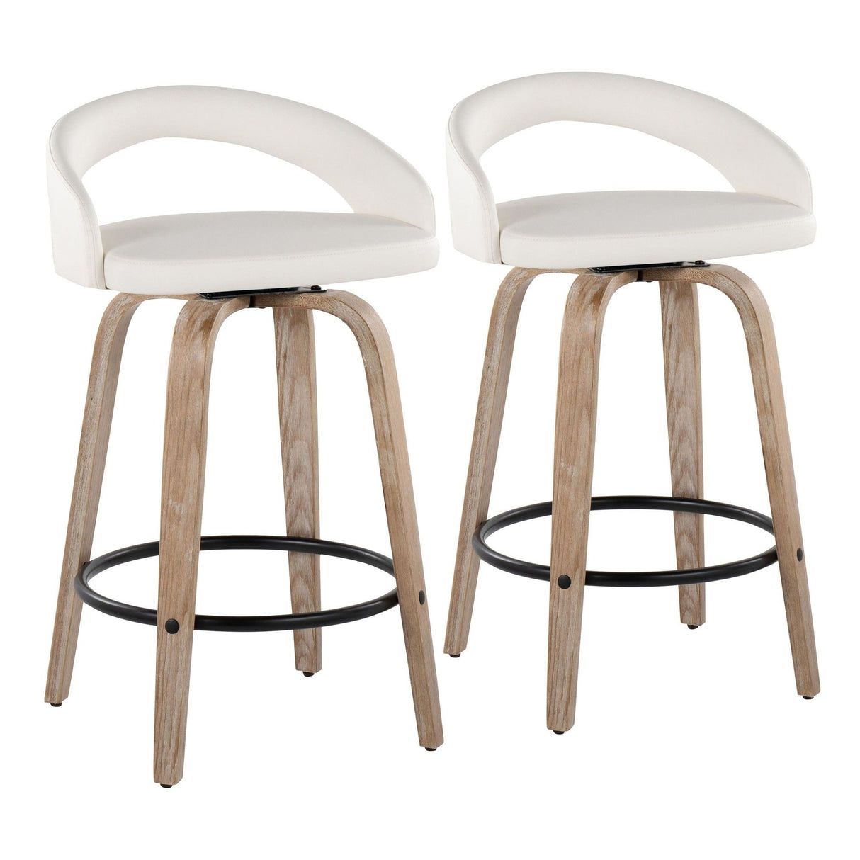 Grotto - Upholstered Fixed-Height Counter Stool (Set of 2) - Whitewashed Wood, White Faux Leather, Black Metal