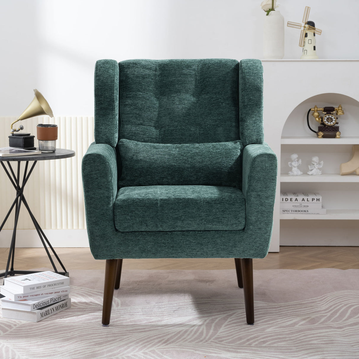 Modern Accent Chair, Arm Chairs For Living Room, Upholstered Mordern Armchair, Comfy Soft Padded Lounge Chair In Small Space, Bedroom, With Pillow, Solid Wood Leg