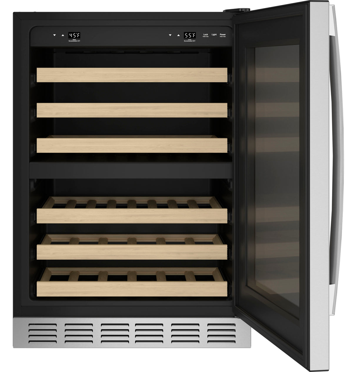 GE PWS06DSPSS 24 in. Undercounter Wine Cooler with Wood Racks, Dual Temperature Zones & 44 Bottle Capacity - Stainless Steel