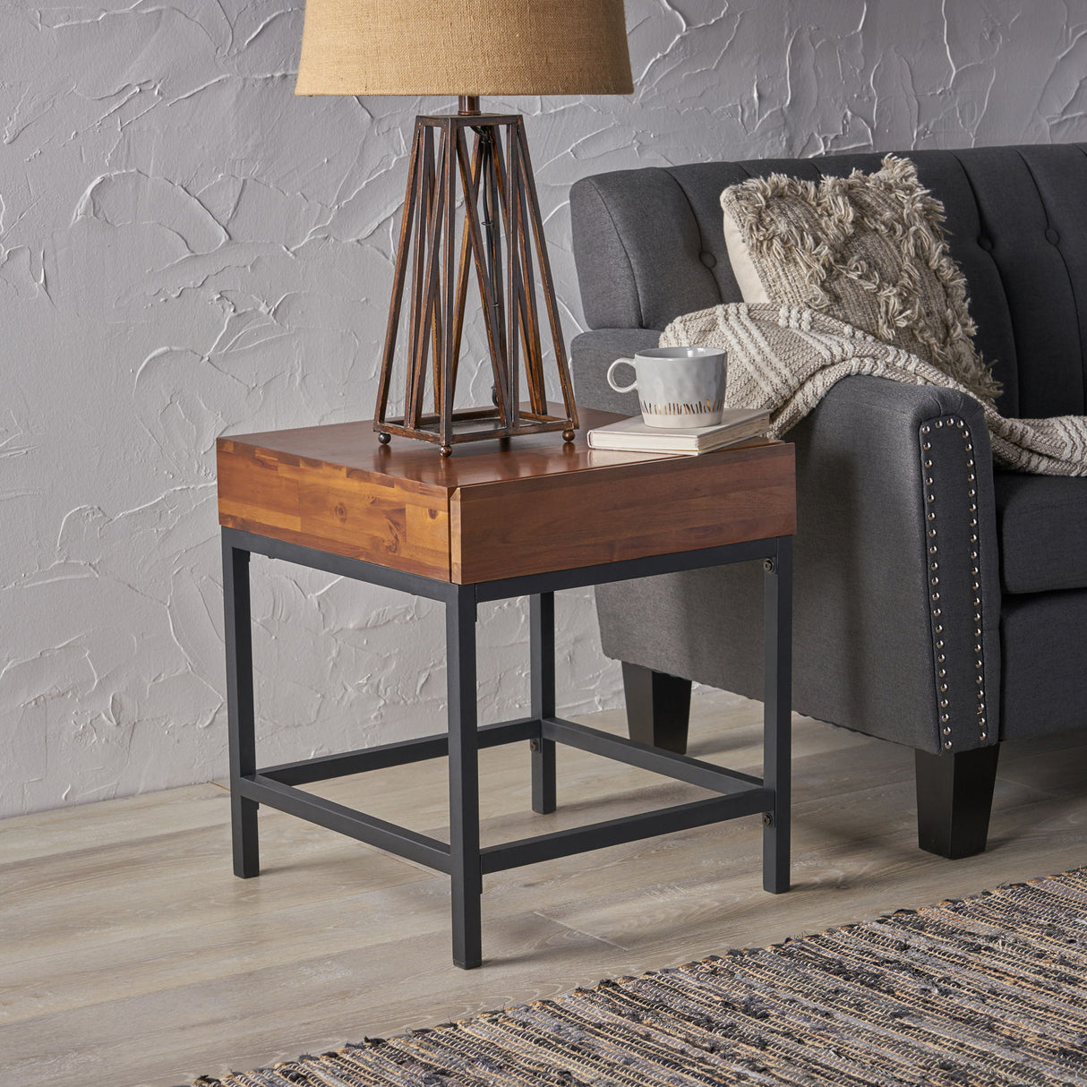 Industrial Style Storage Side Table With Iron Frame - Dark Oak