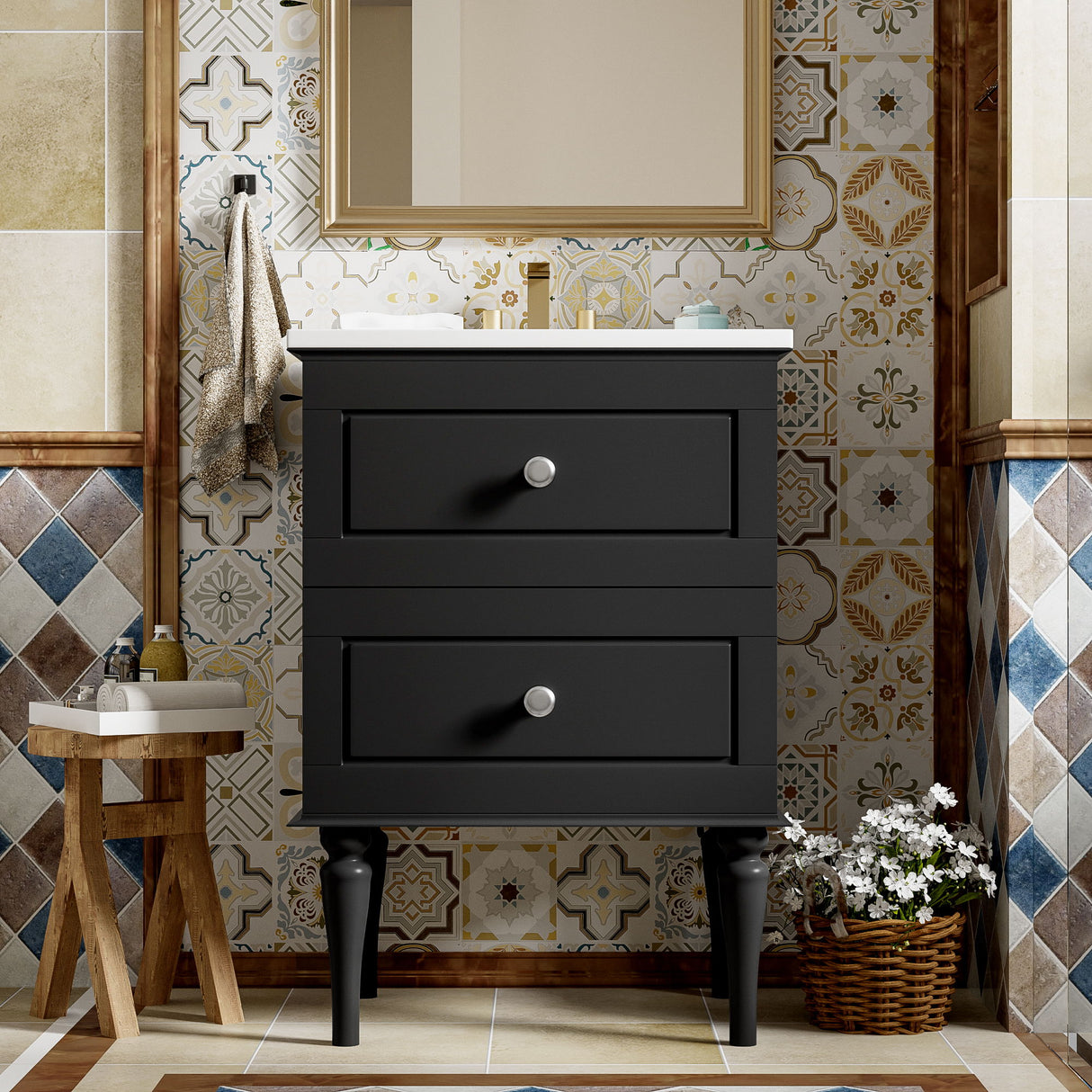 Bathroom Vanity Cabinet With Ceramic Sink Combo Set, Frame Modern Bathroom Storage Cabinet With 2 Drawers - Black