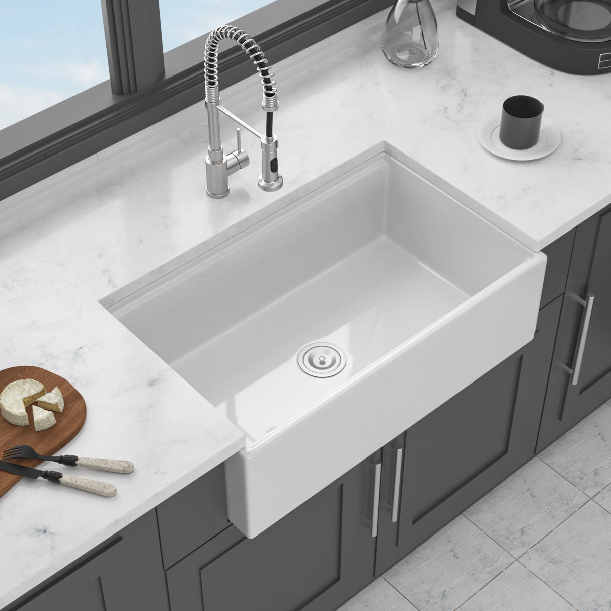 Porcelain Ceramic Farmhouse Sink Workstation With Reversible Apron Design - Single Bowl