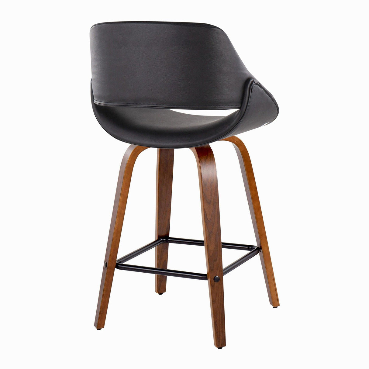 Fabrizzi - Fixed-Height Counter Stool With Square Black Footrest (Set of 2) - Walnut Wood And Black Faux Leather