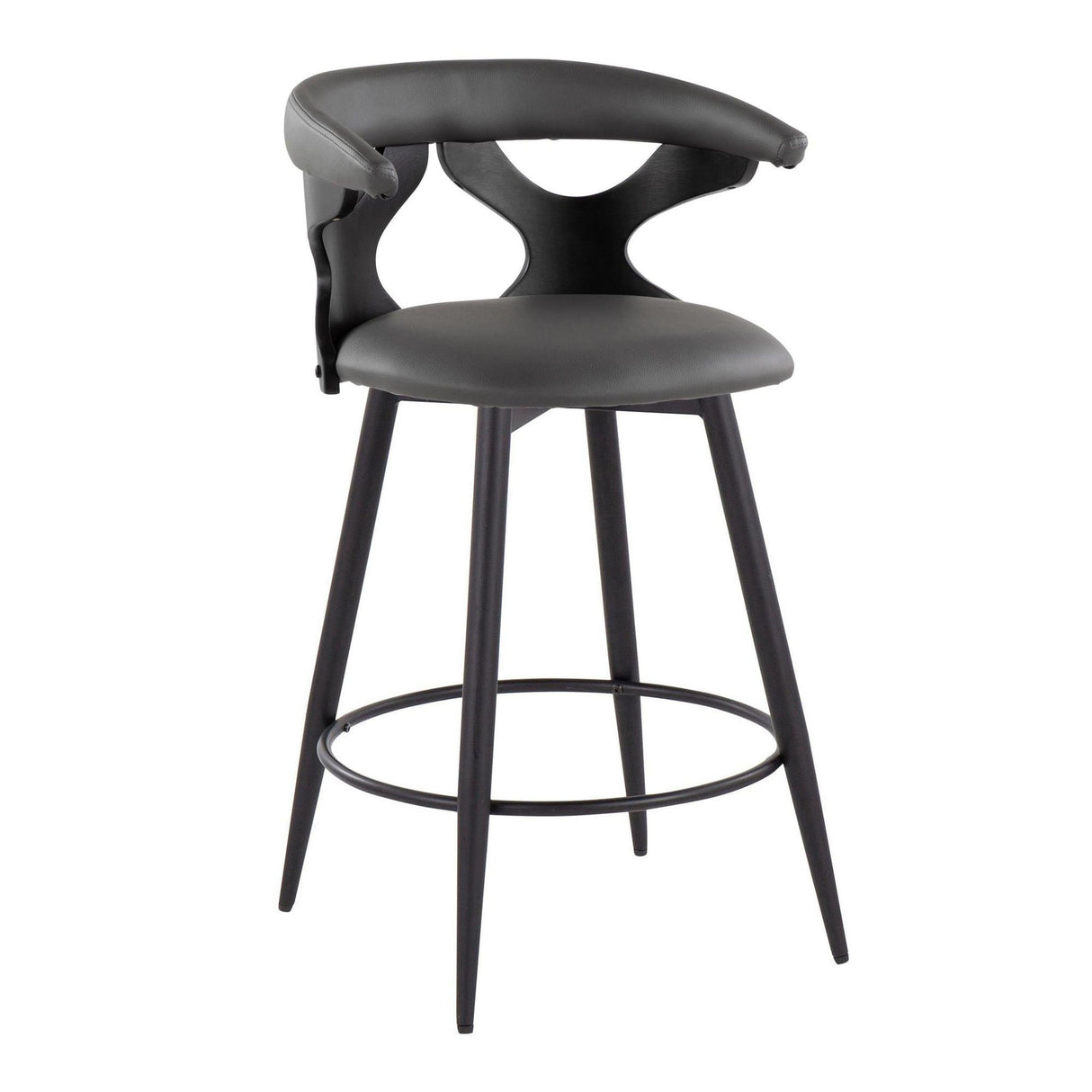 Gardenia - 25" Fixed-Height Counter Stool With Swivel And Rounded Black Metal Footrest (Set of 2) - Black Metal, Black Wood And Gray Faux Leather