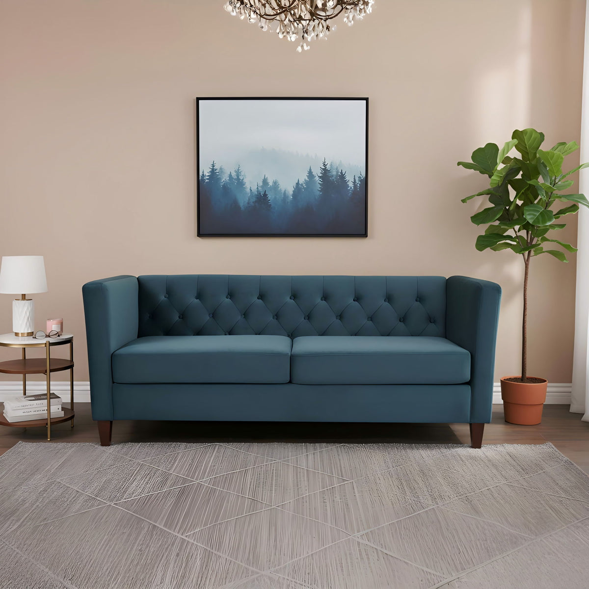 Button Tufted Velvet 3-Seater Sofa, Square Arm Upholstered Couch With Tapered Wood Legs, Mid-Century Tufted Large Sofa Furniture For Living Room