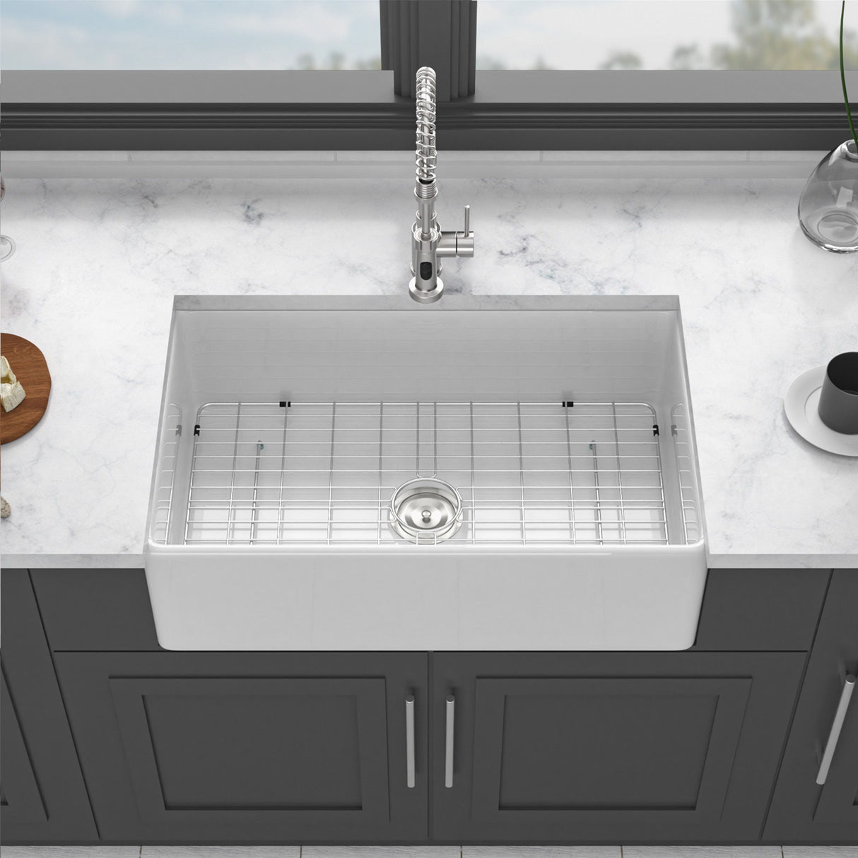 Ceramic Farmhouse Sink With Deep Basin And Stainless Steel Grid
