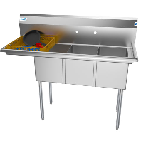 51 in. Three Compartment Stainless Steel Commercial Sink with Drainboard, Bowl Size 12"x 16"x 10" SC121610-12L3.