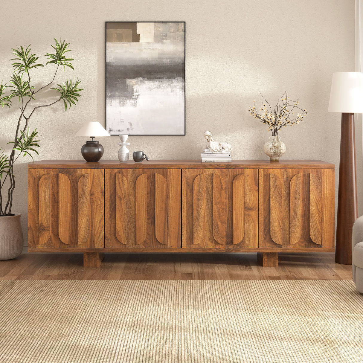Farmhouse TV Stand, Storage Media Console With Adjustable Shelves & 3 Cable Holes