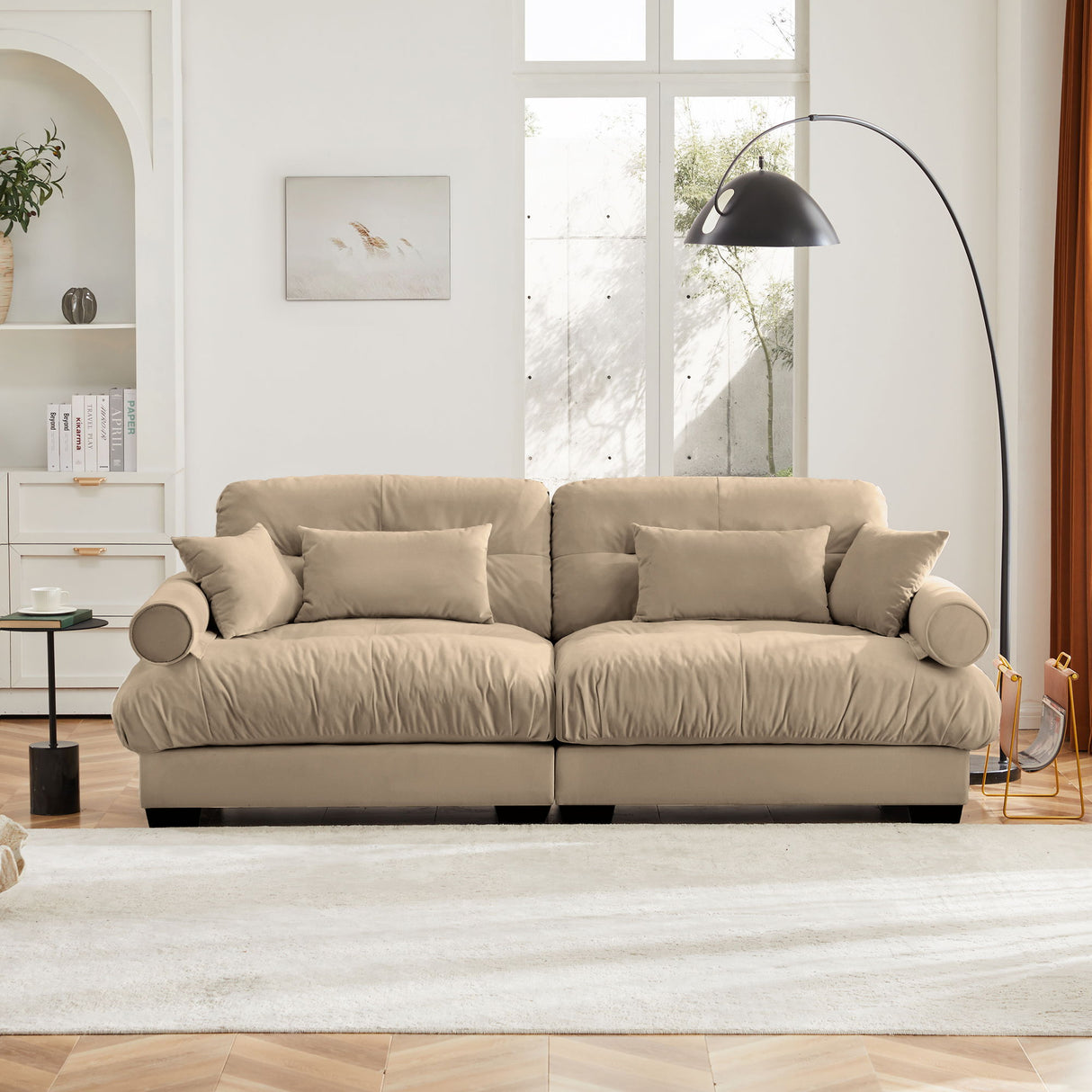 Modern Sofa With Bolstered Armrests And Pillows