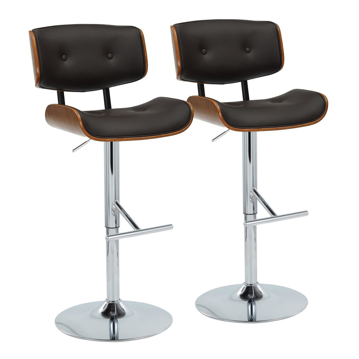 Lombardi - Adjustable Barstool (Set of 2) - Chrome Metal, Walnut Wood, Espresso Faux Leather