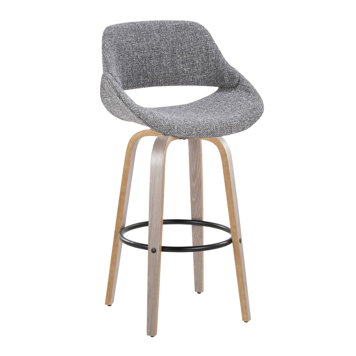 Fabrizzi - 30" Fixed-Height Barstool With Swivel And Round Black Metal Footrest (Set of 2) - Light Gray Wood