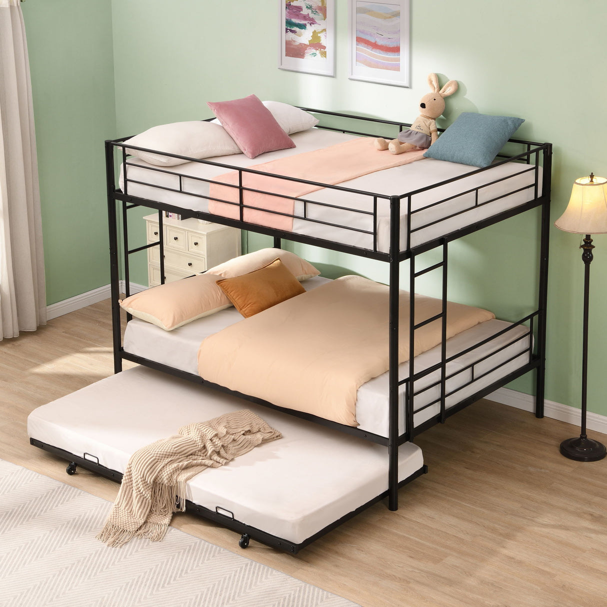 Full Over Full Modern Metal Bunk Bed With Trundle - Black