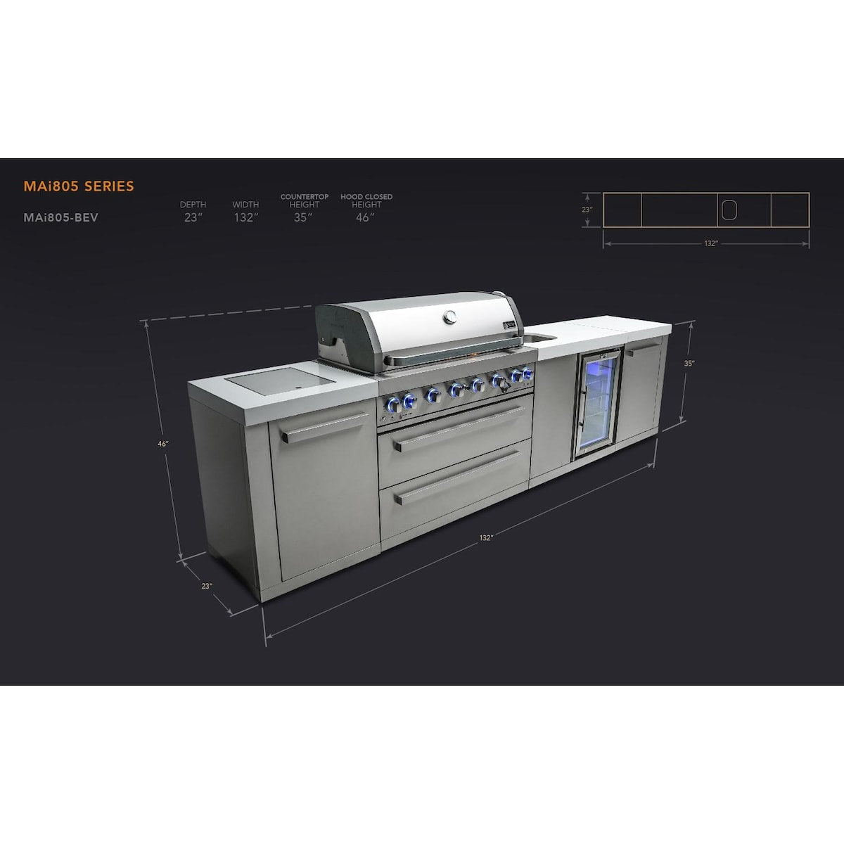 Mont Alpi Original Series 11 Ft Propane Outdoor Kitchen Island w/ Side Burner & Beverage Center - MAi805-BEV