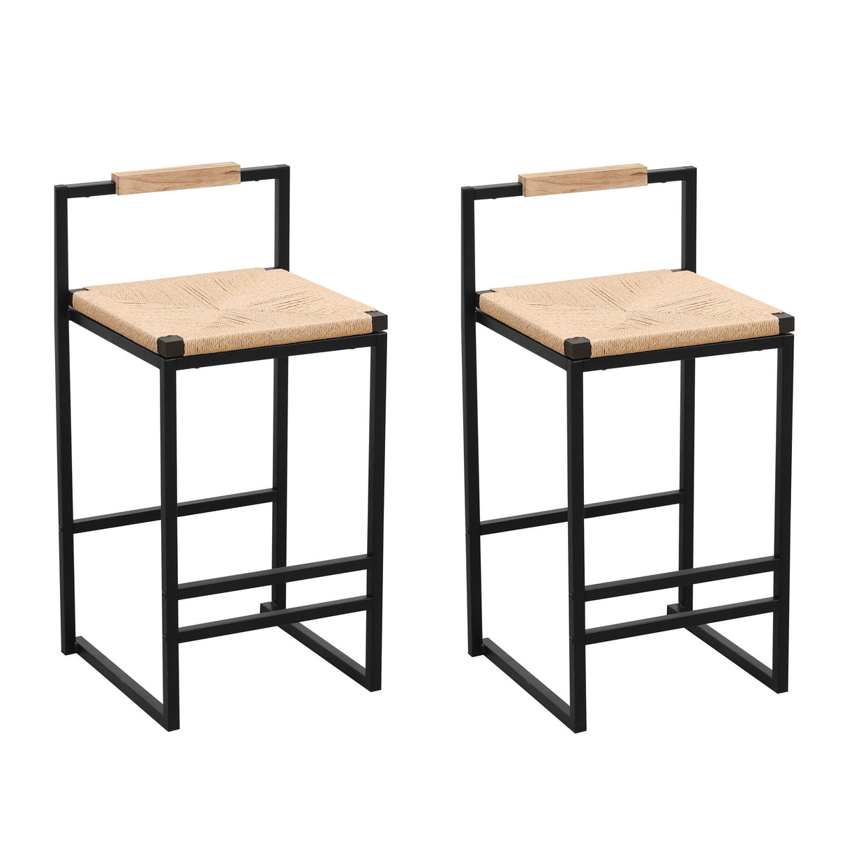 Stylish (Set of 2) Bar Stools With Backrest And Paper Rope Woven Seat, Counter Height Dining Chairs For Kitchen - Natural